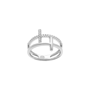 BAGUE ARGENT RHODIÉ 2 RANGS CROIX 1 LISSE ET 1 AVEC OXYDES BLANCS SERTIS