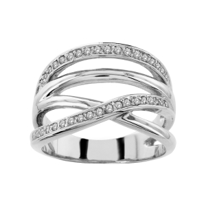 BAGUE ARGENT RHODIÉ LARGE CROISEE PIERRES BLANCHES SYNTHETIQUE