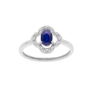 BAGUE ARGENT RHODIÉ FORME FLEUR SAPHIR VÉRITABLE ET TOPAZES BLANCHES