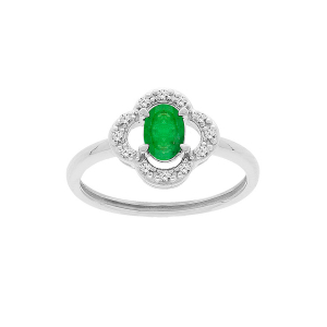 BAGUE ARGENT RHODIÉ FORME FLEUR EMERAUDE VÉRITABLE ET TOPAZES BLANCHES