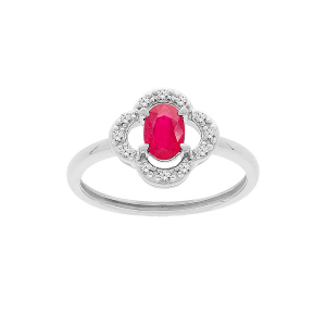 BAGUE ARGENT RHODIE FORME FLEUR RUBIS VÉRITABLE ET TOPAZES BLANCHES