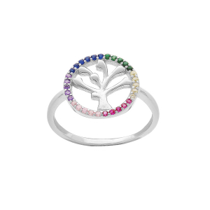 BAGUE ARGENT RHODIÉ ARBRE DE VIE CONTOUR OXYDES MULTICOULEURS