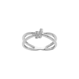 BAGUE ARGENT RHODIÉ CROISÉE SOLITAIRE 2 RANGS OXYDES BLANCS SERTIS