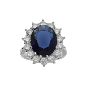 BAGUE ARGENT RHODIÉ GROSSE 20MM X 17 MM  PIERRE CENTRALE BLEU FONCE ET CONTOUR PIERRES BLANCHES SYNTHETIQUE