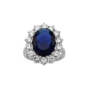 BAGUE ARGENT RHODIÉ GROSSE 20MM X 17 MM  PIERRE CENTRALE BLEU FONCE ET CONTOUR PIERRES BLANCHES SYNTHETIQUE