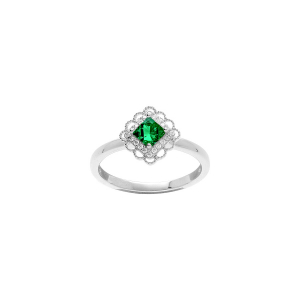 BAGUE ARGENT RHODIÉ CARRÉ OXYDE VERT SERTI CONTOUR OXYDES BLANCS SERTIS ET DENTELÉ