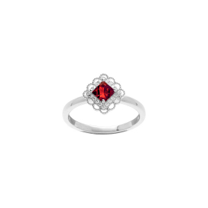BAGUE ARGENT RHODIÉ CARRÉ OXYDE ROUGE SERTI CONTOUR OXYDES BLANCS SERTIS ET DENTELÉ