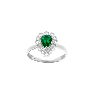 BAGUE ARGENT RHODIÉ GOUTTE OXYDE VERT SERTI CONTOUR OXYDES BLANCS ET DENTELLÉ