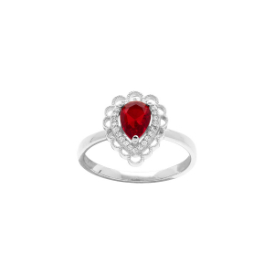 BAGUE ARGENT RHODIÉ GOUTTE OXYDE ROUGE SERTI CONTOUR OXYDES BLANCS ET DENTELLÉ