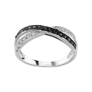 BAGUE ARGENT RHODIÉ CROISEE PIERRES NOIRES ET BLANCHES SYNTHETIQUE