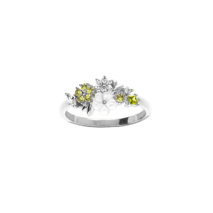 BAGUE ARGENT RHODIÉ JARDIN FLEURI OXYDES VERT ET BLANC ET FLEUR NACRE