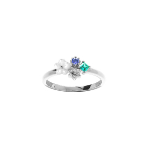 BAGUE ARGENT RHODIÉ JARDIN FLEURI OXYDES NUANCE DE BLEU ET FLEUR NACRE