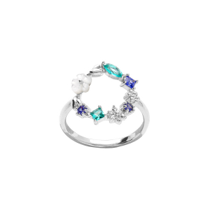 BAGUE ARGENT RHODIÉ ROND JARDIN FLEURI OXYDES NUANCE BLEU ET FLEUR NACRE