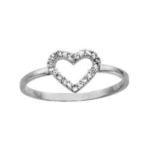 BAGUE ARGENT RHODIÉ FORME COEUR AJOURE OXYDES BLANCS SERTIS