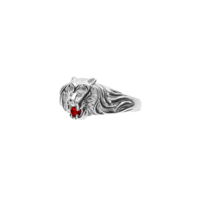 BAGUE ARGENT PT MODELE LION PIERRE ROUGE