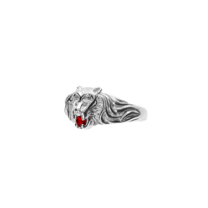 BAGUE ARGENT PT MODELE LION PIERRE ROUGE