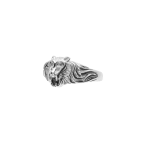BAGUE ARGENT PT MODELE LION PIERRE NOIRE SYNTHETIQUE