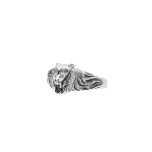 BAGUE ARGENT PT MODELE LION PIERRE NOIRE SYNTHETIQUE