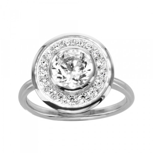 BAGUE ARGENT RHODIÉ PLATEAU ROND PIERRE CENTRALE RONDE BLANCHE SYNTHETIQUE CONTOUR OXYDES BLANCS SERTIS