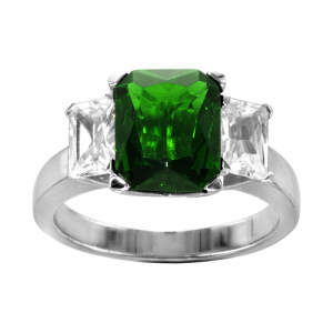 BAGUE ARGENT RHODIÉ PIERRE VERTE SYNTHETIQUE ET 2 OXYDES BLANCS SERTIS COTE