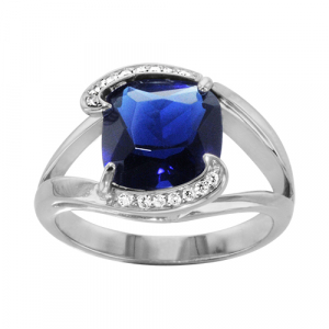 BAGUE ARGENT RHODIÉ OXYDE BLEU FONCE SYNTHETIQUE 2 BRANCHES COTE OXYDES BLANCS SERTIS
