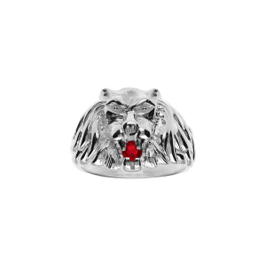 BAGUE GROS MODELE LION PIERRE ROUGE ARGENT