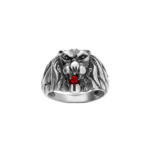 BAGUE GROS MODELE LION PIERRE ROUGE VIEIL ARGENT