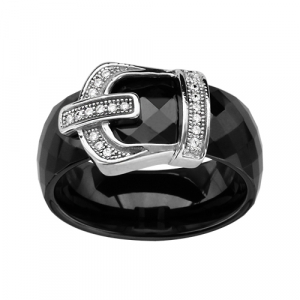 BAGUE ARGENT RHODIÉ ANNEAU CERAMIQUE FACETE NOIRE MOTIF CEINTURE OXYDES MICRO SERTIS BLANCS