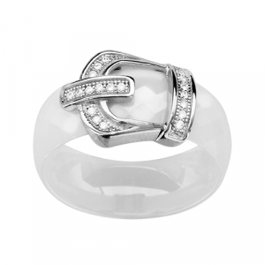 BAGUE ARGENT RHODIÉ ANNEAU CERAMIQUE FACETE BLANCHE MOTIF CEINTURE OXYDES MICRO SERTIS BLANCS