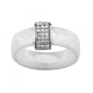BAGUE ARGENT RHODIÉ ANNEAU CERAMIQUE FACETE BLANCS BARETTE OXYDES MICRO SERTIS BLANCS