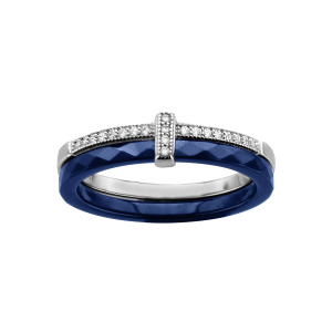 BAGUE ARGENT RHODIÉ DOUBLE ANNEAU 1 CERAMIQUE BLEU 1 RAIL OXYDES SERTIS BLANCS