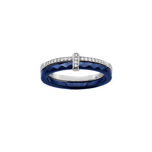 BAGUE ARGENT RHODIÉ DOUBLE ANNEAU 1 CERAMIQUE BLEU 1 RAIL OXYDES SERTIS BLANCS