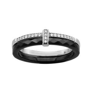 BAGUE ARGENT RHODIÉ DOUBLE ANNEAU 1 CERAMIQUE FACETE NOIR 1 RAIL OXYDES MICRO SERTIS BLANCS