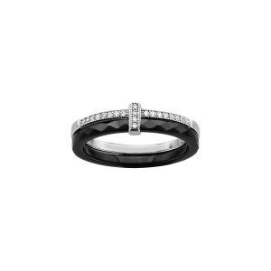 BAGUE ARGENT RHODIÉ DOUBLE ANNEAU 1 CERAMIQUE FACETE NOIR 1 RAIL OXYDES MICRO SERTIS BLANCS