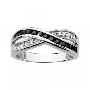 BAGUE ARGENT RHODIÉ CROISE OXYDES BLANCS ET PIERRES NOIRES SYNTHETIQUE