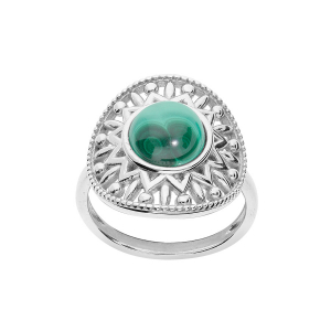 BAGUE ARGENT RHODIÉ ETHNIQUE CABOCHON MALACHITE VÉRITABLE