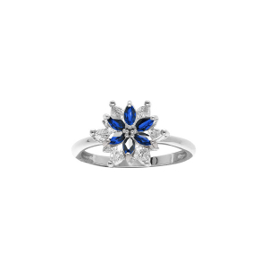 BAGUE ARGENT RHODIÉ FLEUR 10MM OXYDES BLANCS SERTIS AU CENTRE CONTOUR OXYDES BLEUS