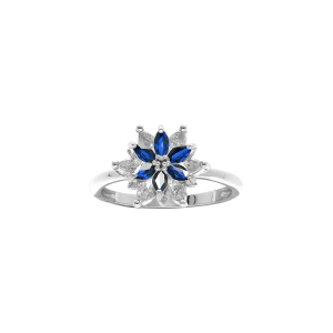 BAGUE ARGENT RHODIÉ FLEUR 10MM OXYDES BLANCS SERTIS AU CENTRE CONTOUR OXYDES BLEUS