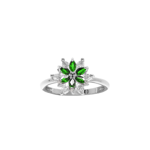 BAGUE ARGENT RHODIÉ FLEUR 10MM OXYDES BLANCS SERTIS AU CENTRE CONTOUR OXYDES VERTS