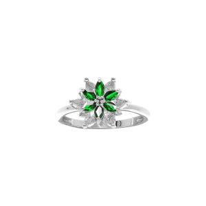 BAGUE ARGENT RHODIÉ FLEUR 10MM OXYDES BLANCS SERTIS AU CENTRE CONTOUR OXYDES VERTS
