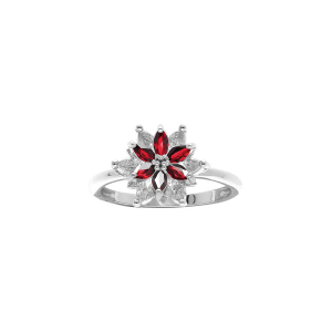 BAGUE ARGENT RHODIÉ FLEUR 10MM OXYDES BLANCS SERTIS AU CENTRE CONTOUR OXYDES ROUGES