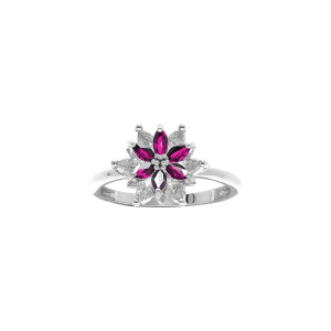 BAGUE ARGENT RHODIÉ FLEUR 10MM OXYDES BLANCS SERTIS AU CENTRE CONTOUR OXYDES FUSHIA