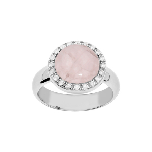 BAGUE ARGENT RHODIÉ CABOCHON CONTOUR OXYDES BLANCS SERTIS PIERRE QUARTZ ROSE NATURELLE