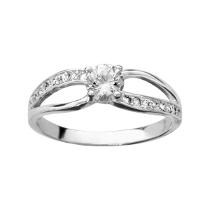 BAGUE SOLITAIRE ARGENT RHODIÉ OXYDES SERTIS BLANCS ET OXYDE CENTRALE BLANC