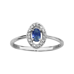 BAGUE ARGENT RHODIÉ FORME OVALE VERRE BLEU FONCE ENTOURAGE OXYDES BLANCS SERTIS