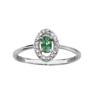 BAGUE ARGENT RHODIÉ FORME OVALE VERRE VERT ENTOURAGE OXYDES BLANCS SERTIS