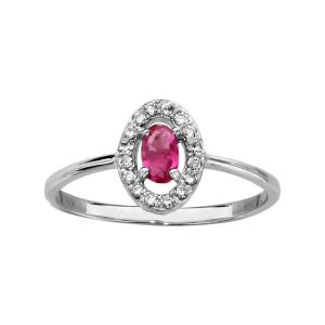 BAGUE ARGENT RHODIÉ FORME OVALE VERRE FUSHIA ENTOURAGE OXYDES BLANCS SERTIS