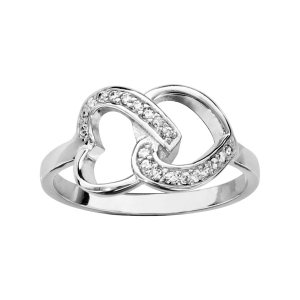BAGUE ARGENT RHODIÉ DOUBLE COEUR SUPERPOSE OXYDES BLANCS SERTIS