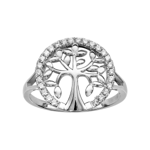 BAGUE ARGENT RHODIÉ ARBRE DE VIE ENTOURAGE OXYDES BLANCS SERTIS