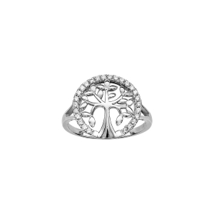 BAGUE ARGENT RHODIÉ ARBRE DE VIE ENTOURAGE OXYDES BLANCS SERTIS